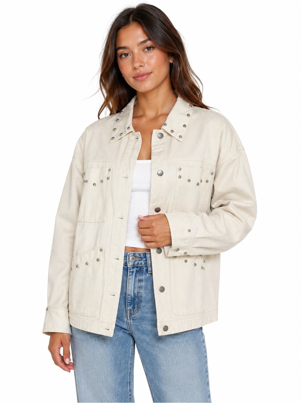 Universal Thread Women’s Studded Chore Denim Jacket White Western Size XSmall